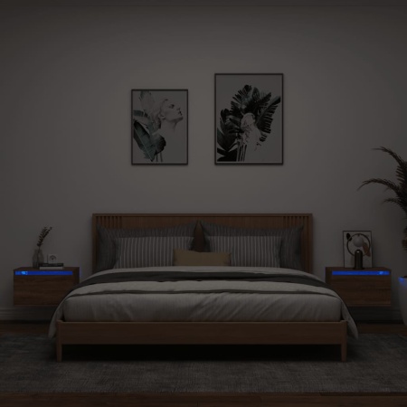 Noptiere montate pe perete cu lumini LED, 2 buc., stejar maro