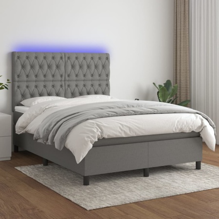 Pat cu arcuri, saltea și LED, gri închis, 140x190 cm, textil - Img 1