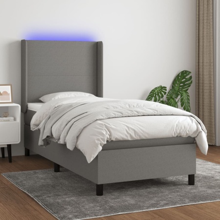 Pat cu arcuri, saltea și LED, gri închis, 90x200 cm, textil