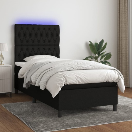 Pat cu arcuri, saltea și LED, negru, 90x200 cm, textil - Img 1