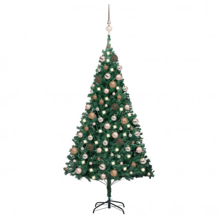 Set brad de Crăciun artificial LED-uri/globuri verde 180 cm PVC