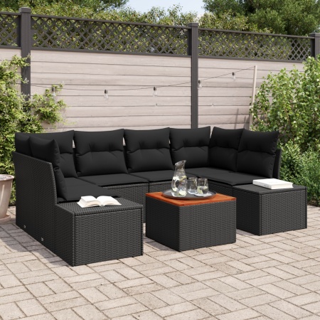Set canapea grădină 7 piese și perne, Negru, Poliratan, Acacia - Img 1