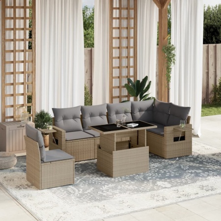 Set canapele de grădină, 7 piese, cu perne, bej, poliratan