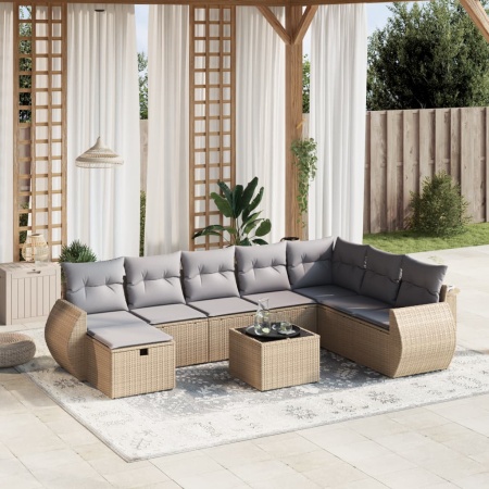 Set canapele de grădină, 9 piese, cu perne, bej, poliratan