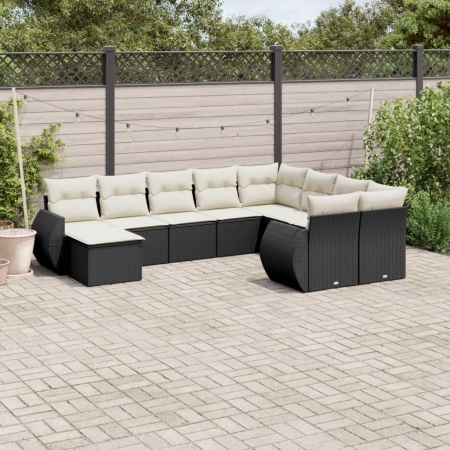 Set canapele de grădină cu perne, 10 piese, negru, poliratan