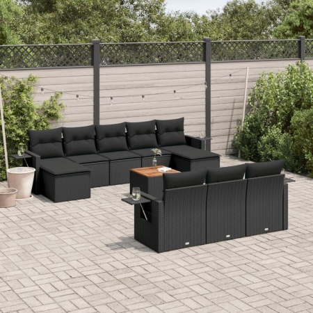 Set canapele de grădină cu perne, 11 piese, negru, poliratan