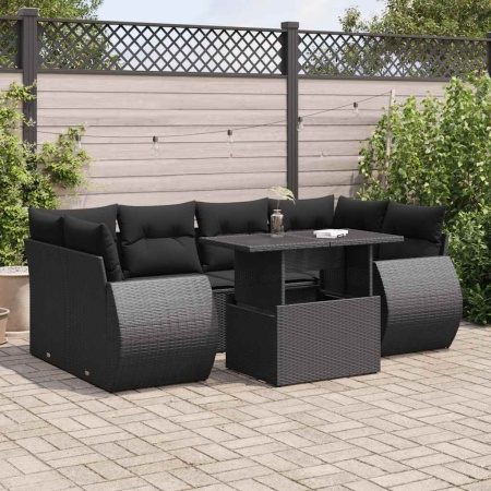 Set canapele de grădină cu perne, 7 piese, negru, poliratan - Img 1