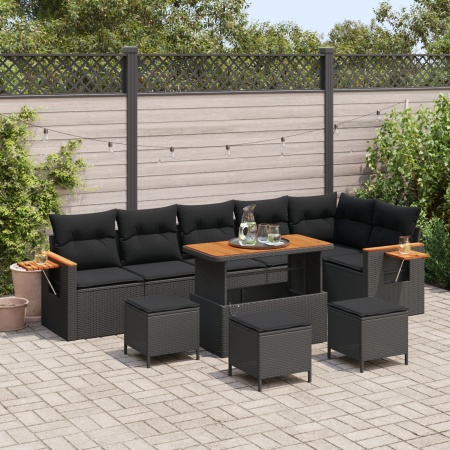 Set Canapele Grădină 9 Piese cu Perne Rattan Poli Negru Acacia, Set Mese Grădină 3 Piese cu Perne Rattan Poli Negru Acacia - Img 1