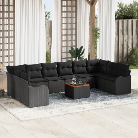 Set de Canapea de Grădină cu Pernuțe, 11 Piese, Negru, Poliratan, Acacia, Canapea de Grădină cu Pernuțe, 2 Piese, Negru, Poliratan