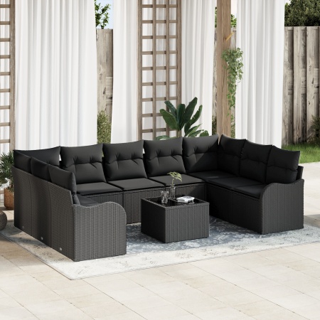 Set de Canapea Grădină 10 Piese cu Perne Bej din Ratan PVC, Canapea Grădină cu 2 Locuri cu Perne Negre din Ratan PVC