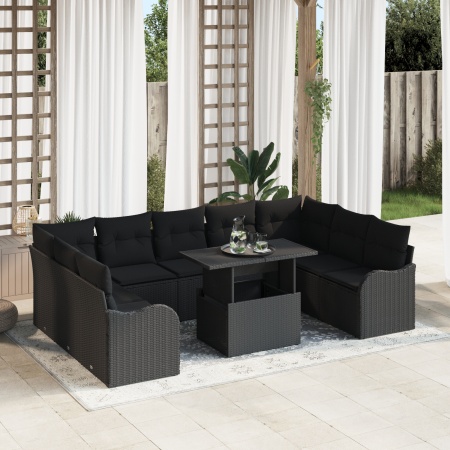Set de canapele pentru grădină din 10 piese cu perne, Negru, Poliratan, Canapea de grădină pentru 2 persoane cu perne, Negru, Poliratan