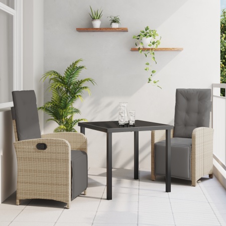 Set de Masă pentru Grădină cu 3 Piese și Perne Ratan Poli Bej, Masă pentru Grădină Neagră 80x80x73 cm Sticlă Temperată