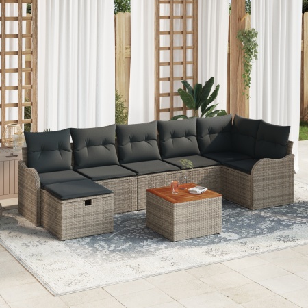Set de Sofa de Grădină cu 8 Piese cu Pernuțe Gri Ratan Polimeric, Sofa de Grădină cu 2 Locuri cu Pernuțe Gri Ratan Polimeric
