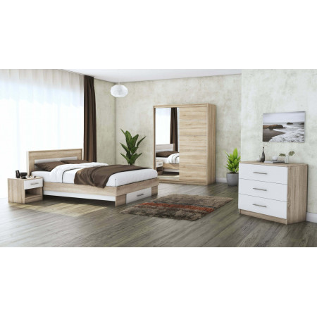 Set dormitor Beta, sonoma / alb, dulap 150 cm, pat 140×200 cm, 2 noptiere, comoda - Img 1