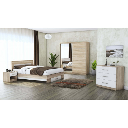 Set dormitor Beta, sonoma / alb, dulap 183 cm, pat 160x200 cm, 2 noptiere, comoda