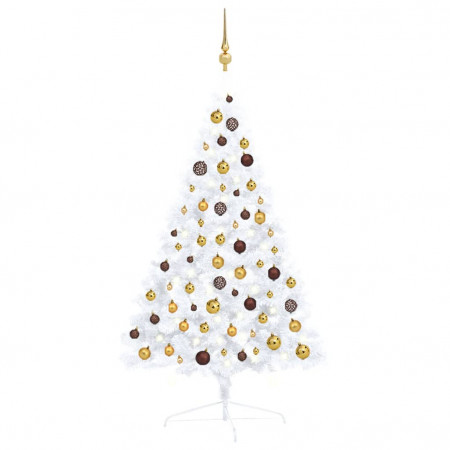Set jumătate brad Crăciun artificial LEDuri&globuri, alb 120 cm