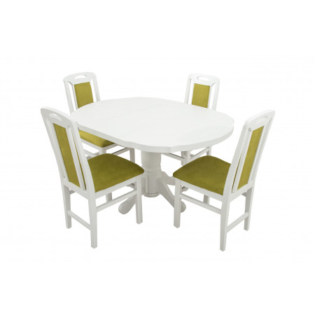 Set masa extensibila kan 100x135 cm, lemn masiv alb, blat din mdf cu 4 scaune tapitate zim standard, stofa petra verde - Img 1