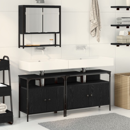 Set Mobiler Baie 3 Piese Negru de Stejar Lemn Prelucrat