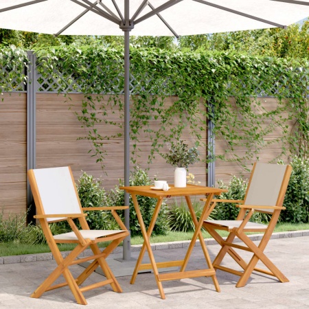 Set mobilier bistro, 3 piese, textil alb crem/lemn masiv