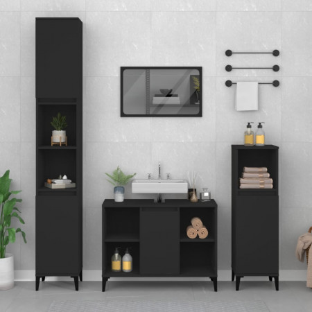 Set mobilier de baie, 3 piese, negru, lemn compozit - Img 1