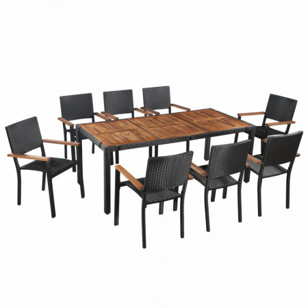 Set mobilier de exterior, 9 piese negru, poliratan, lemn acacia