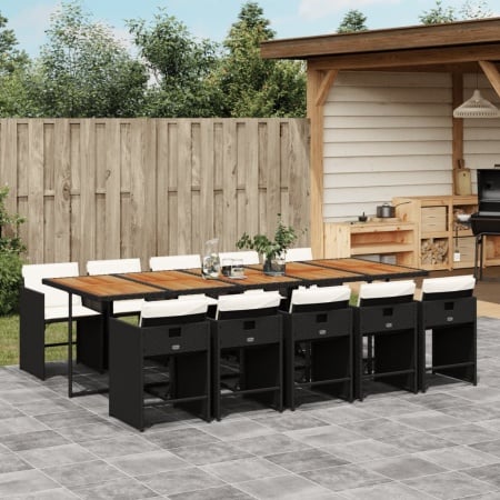 Set mobilier de exterior cu perne, 11 piese, negru, poliratan