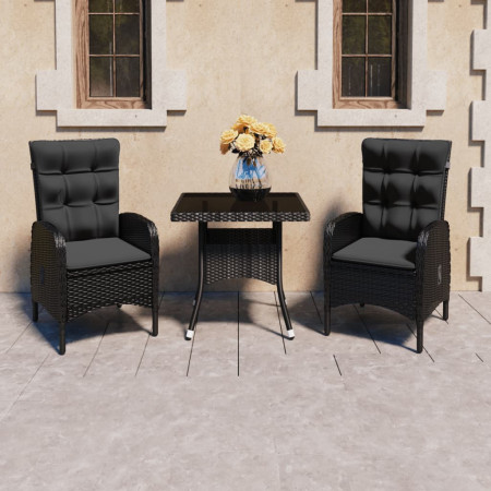 Set mobilier de grădină, 3 piese, negru, poliratan și sticlă