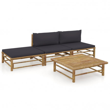 Set mobilier de grădină, 4 piese, perne gri închis, bambus