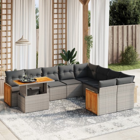 Set mobilier de grădină cu perne, 10 piese, gri, poliratan