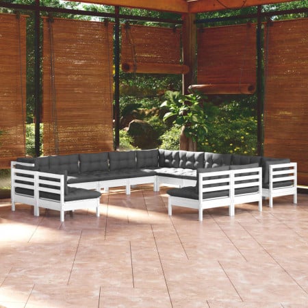 Set mobilier de grădină cu perne, 13 piese, alb, lemn masiv pin