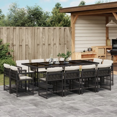 Set mobilier de grădină cu perne, 13 piese, negru, poliratan