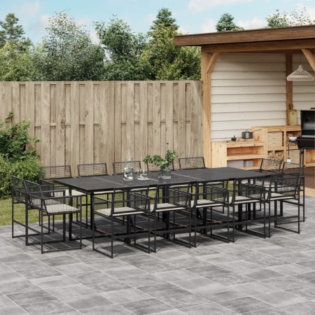 Set mobilier de grădină cu perne, 15 piese, negru, poliratan