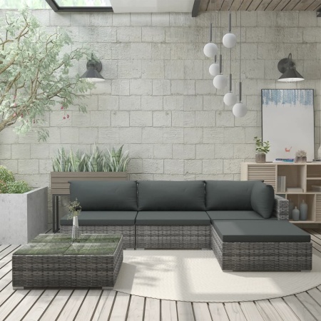 Set mobilier de grădină cu perne, 5 piese, gri, poliratan - Img 1
