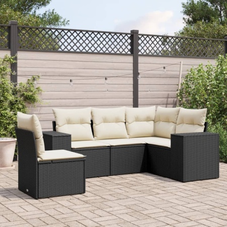 Set mobilier de grădină cu perne, 5 piese, negru, poliratan