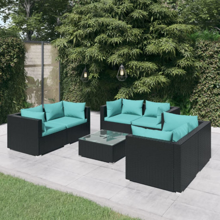 Set mobilier de grădină cu perne, 7 piese, negru, poliratan - Img 1