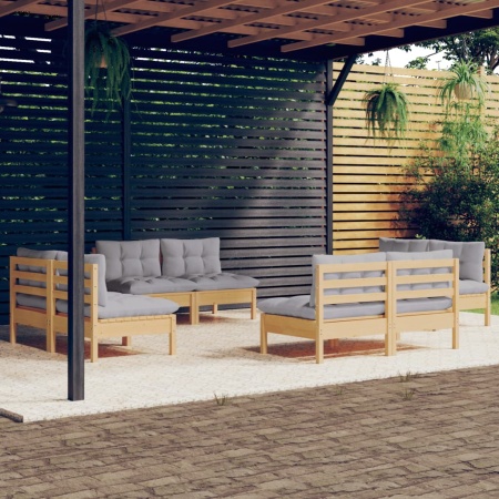 Set mobilier de grădină cu perne, 8 piese, gri, lemn de pin - Img 1