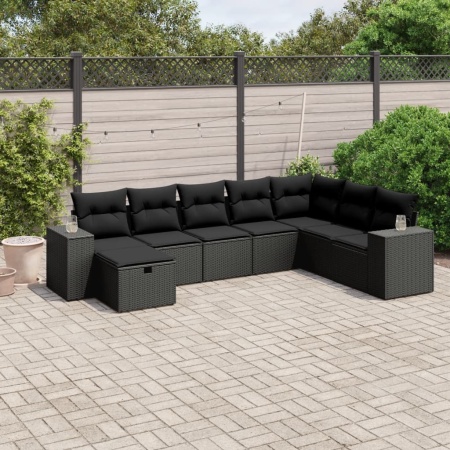 Set mobilier de grădină cu perne, 8 piese, negru, poliratan