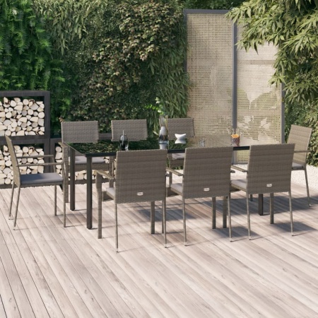 Set mobilier de grădină cu perne, 9 piese, negru/gri, poliratan