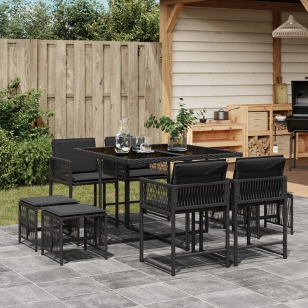 Set mobilier de grădină cu perne, 9 piese, negru, poliratan