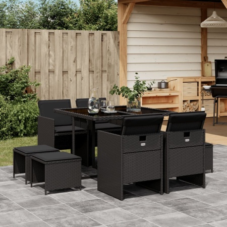 Set mobilier de grădină cu perne, 9 piese, negru, poliratan