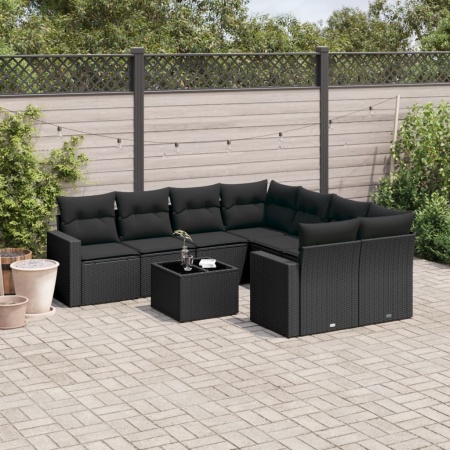 Set mobilier de grădină cu perne, 9 piese, negru, poliratan