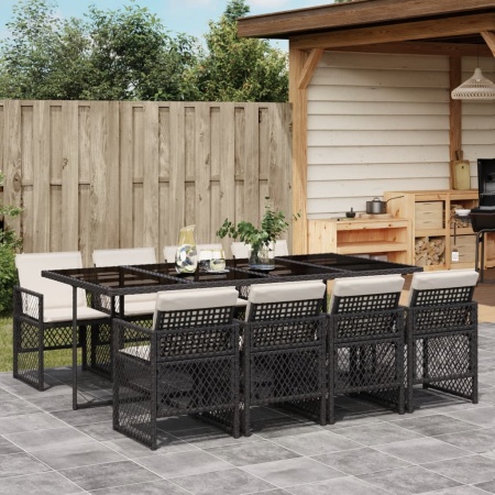 Set mobilier de grădină cu perne, 9 piese, negru, poliratan