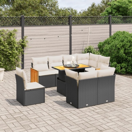Set mobilier de grădină cu perne, 9 piese, negru, poliratan