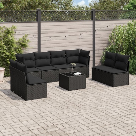 Set mobilier de grădină cu perne, 9 piese, negru, poliratan