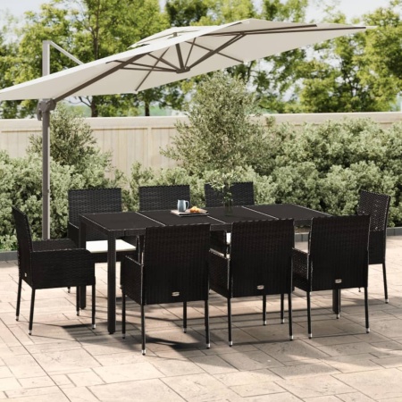 Set mobilier de grădină cu perne, 9 piese, negru, poliratan