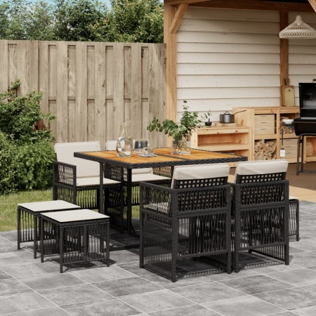 Set mobilier de grădină cu perne, 9 piese, negru, poliratan - Img 1