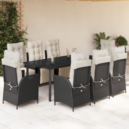 Set mobilier de grădină cu perne, 9 piese, negru, poliratan