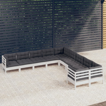 Set mobilier grădină cu perne, 10 piese, alb, lemn de pin