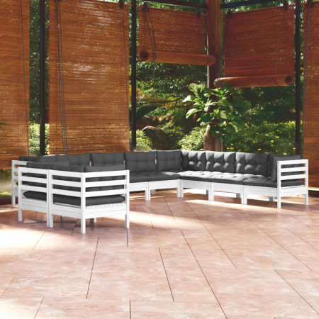 Set mobilier grădină cu perne, 10 piese, alb, lemn masiv de pin