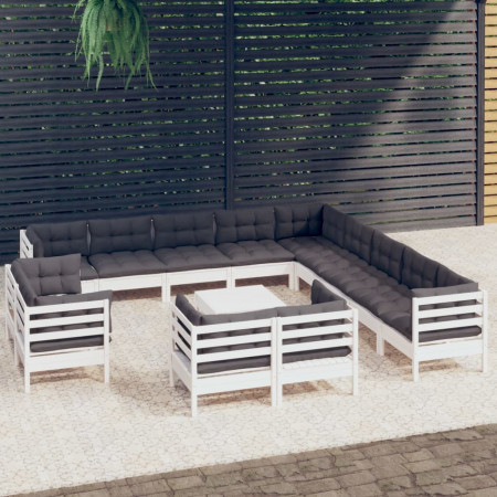 Set mobilier grădină cu perne, 14 piese, alb, lemn masiv pin